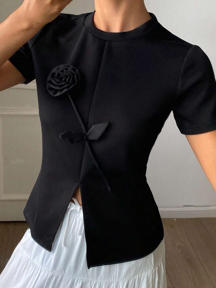 Women's Round Neck 3D Floral Decor Short Sleeve Casual Elegant Pullover T-Shirt