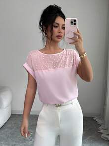 EMERY ROSE Blus Lengan Pendek Wanita Warna Pink Model Baru untuk Musim Semi/Panas, Motif Rajutan, Kasual, Elegan, dan Mewah - Baby Pink - View 4