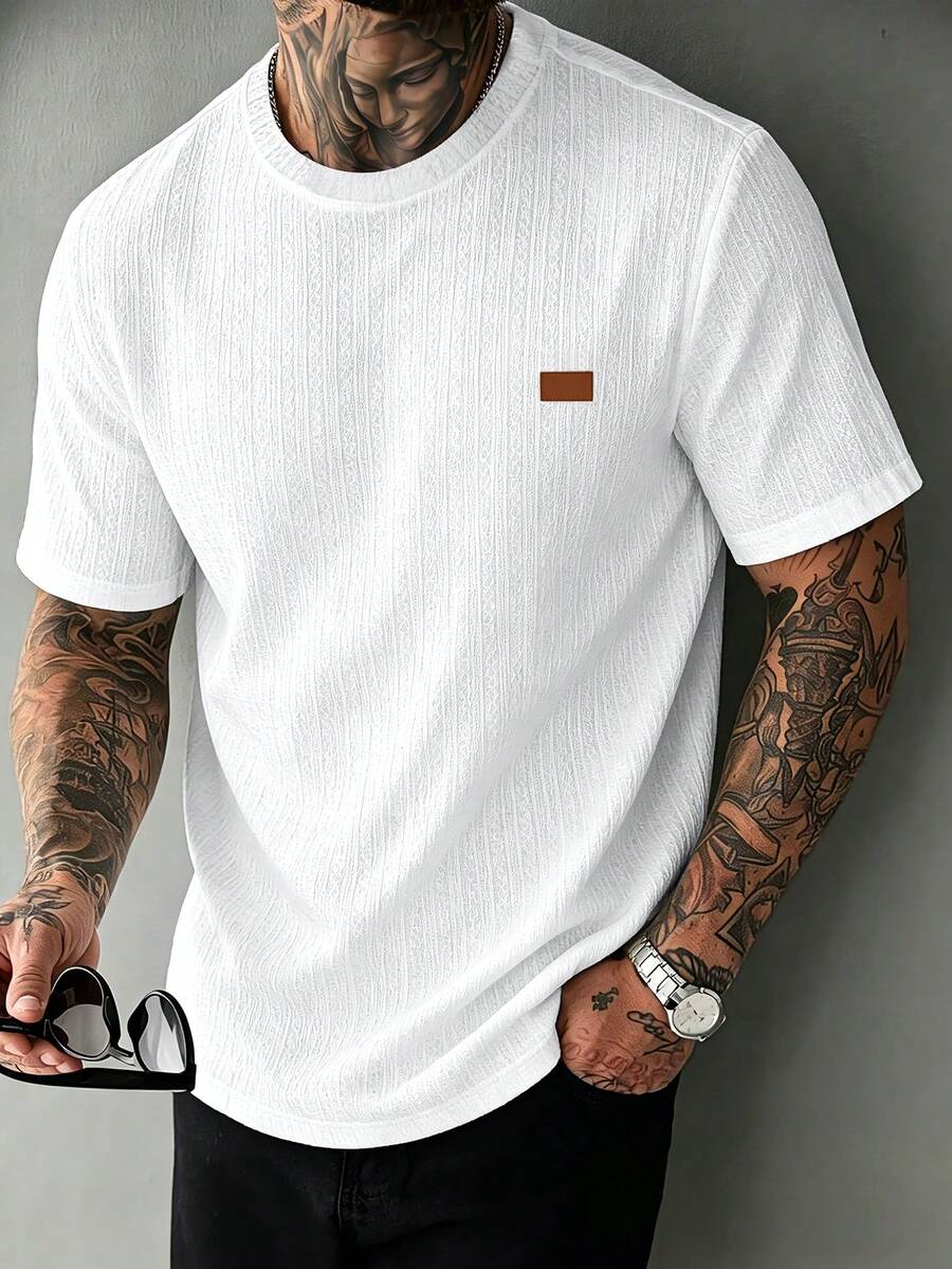 Manfinity CasualCool T-shirt à manches courtes à col rond, coupe ample, en tissu jacquard texturé, style décontracté INS. Cadeau pour petit ami/mari, cadeau d'anniversaire - Blanc - Voir 1