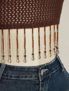 SHEIN ICON Áo ống dệt kim viền tua rua gợi cảm dành cho nữ, thích hợp cho mùa hè. - màu nâu - Xem 14