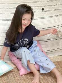 Young Girl Cute Cartoon Print Short Sleeve T-Shirt And Striped Pants Pajama Set, Summer - Navy Blue - View 5