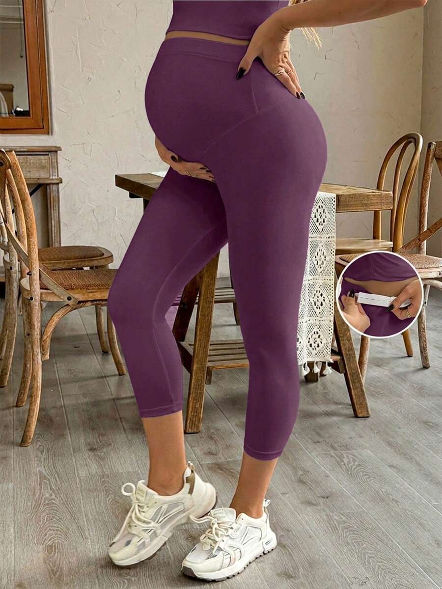 SHEIN 孕妇紧身裤，哺乳妈妈紧身裤，高弹不透明瑜伽运动托腹裤，适合春季、夏季、所有季节 - 紫色 - 查看 1