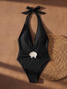 Anewsta Vacation Beach 3D Floral Decor Backless Halter One-Piece Swimsuit - Black - View 4