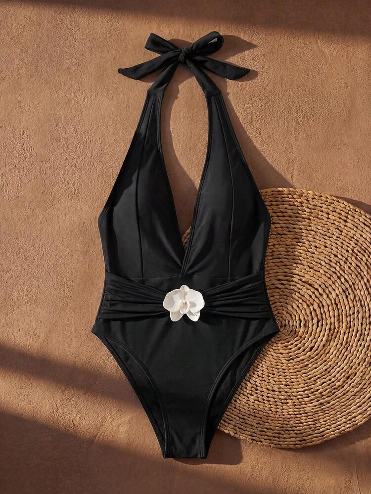 Vacation Beach 3D Floral Decor Backless Halter One-Piece Swimsuit
