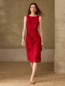 MOTF PREMIUM ELEGANT EMBROIDERED LACE MIDI DRESS FOR WOMEN - Red - View 1