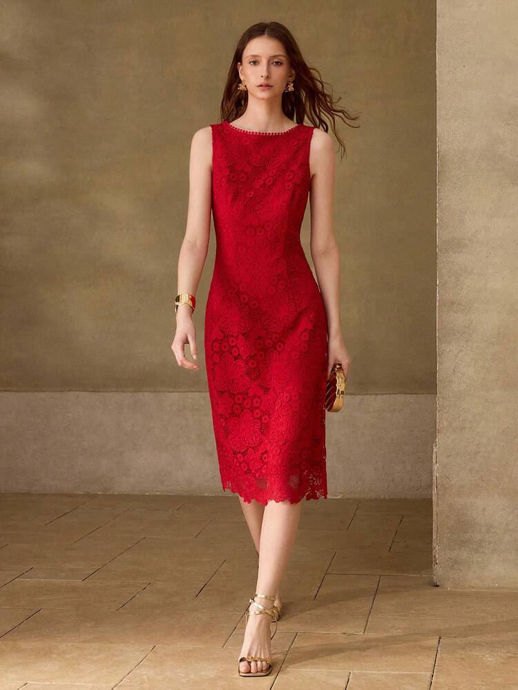ELEGANT EMBROIDERED LACE MIDI DRESS FOR WOMEN