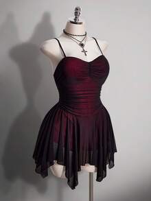 SHEIN ICON 大尺碼女款復古2000s/70s/90s哥德風黑色夏季夜店派對舞廳洋裝，Y2K網紗細肩帶修身不對稱下擺抓褶胸前設計 - 彩色 - 查看 5