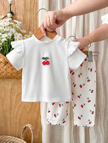 SHEIN Vintaside Kids Bộ áo thun ngắn tay cổ tròn + quần cho bé gái sơ sinh 0-9 tháng tuổi, kiểu dáng thường ngày, thoải mái, dễ thương, đa năng, phù hợp cho mùa hè, đồ mặc thoải mái cho bé gái sơ sinh, thích hợp cho mùa hè. - trắng - Xem 4