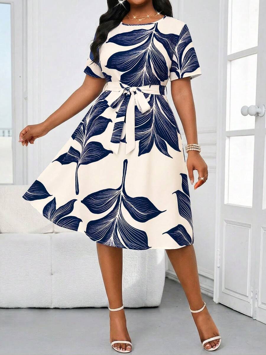 SHEIN Lady Plus Size Women Leaf Print Twist Waist Casual Party Vacation Dress Navy Blue Summer - Multicolor - View 1