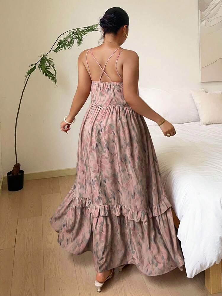 Dazy Plus Plus Size Women's Tie-Dye Ruffle Hem Adjustable Strap Maxi Nightgown, Vacation Style, Spring/Summer