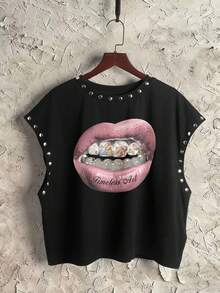 Manfinity ZONE917 Cropped Fashionable High Street Retro Creative Lip Religious Angel Oil Painting Print Rhinestone Embellished Short Black Knit Camisole Tank Top, Suitable For Spring/Summer - Black - View 7