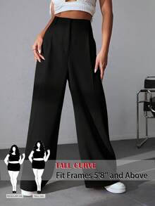 SHEIN Tall CURVE 大码女式纯色休闲简约阔腿裤，适合日常穿着 - 黑色 - 查看 1