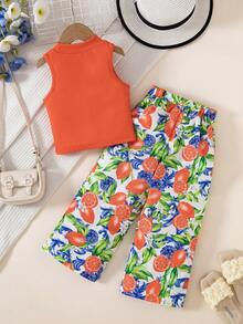 Young Girls 2pcs Set: Sleeveless Yellow Top + Lemon Print Wide Leg Pants, Fashionable Casual Outfit Suitable For Daily Wear, Beach Holiday, Summer - Orange - View 2