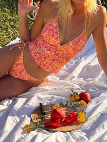 Swim Lushoire Bộ đồ bơi tankini cổ yếm in họa tiết hoa nhí mới về dành cho nữ. - trái cam - Xem 2