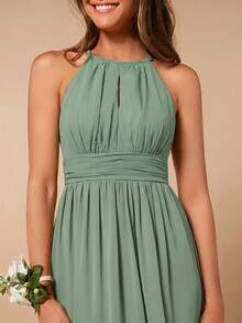 SHEIN Belle Solid Color Halter Neck Bridesmaid Dress With High Slit, Elegant Dress - Green - View 8