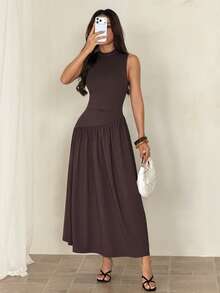 SHEIN PETITE Đầm không tay màu trơn thanh lịch dành cho nữ, thích hợp cho mùa hè. - màu nâu - Xem 11
