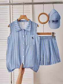 SHEIN Teen Girl Linen Camisole Shorts Set,Sleeveless Shirt Shorts Suit,Loose Comfortable Summer Leisure Wear,Back-To-School,Graduation - Blue - View 4