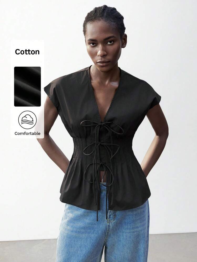 SHEIN Maija New Spring/Summer Black Front-Open Tie-Waist Bowknot Pleated Shoulder Women Top