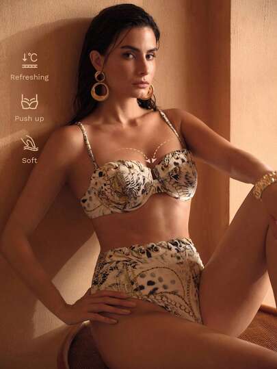 MOTF PREMIUM Set di bikini di lusso reversibile, realizzato a mano, con stampa leopardata multicolore, decorazione in metallo zigrinato e fibbie, con cinturino staccabile
