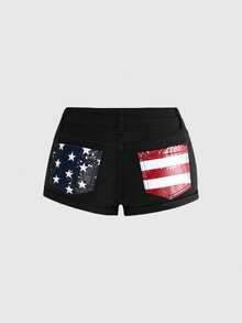 ROMWE J-Fashion Y2K Casual Baddie Flag Star Print Low-Rise Denim Shorts Music Black Summer - Black - View 2