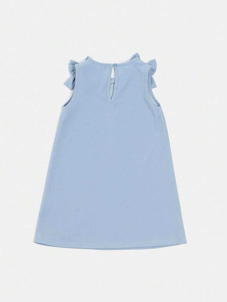 Vestido Azul Claro Estilo A-Line para Meninas com Detalhes de Laço no Ombro e Abertura Nas Costas, Comprimento Mini, Sem Mangas, Vestido Casual de Verão