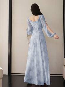 Modelyn 女士雪纺花卉垂褶领口收腰连衣裙，优雅假日连衣裙 - 淺藍色 - 查看 2