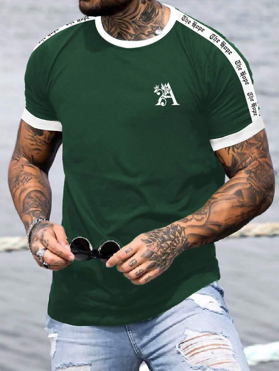 Manfinity Homme Camiseta casual de cuello redondo de manga corta con estampado de letras para hombre - Verde Oscuro - Ver 1