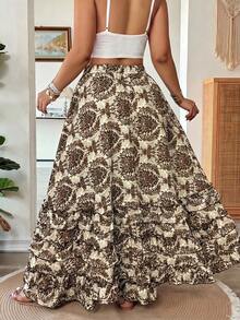 Vionelle Plus Size Women's Spring/Summer Floral Print Ruffle Hem Skirt - Brown - View 2