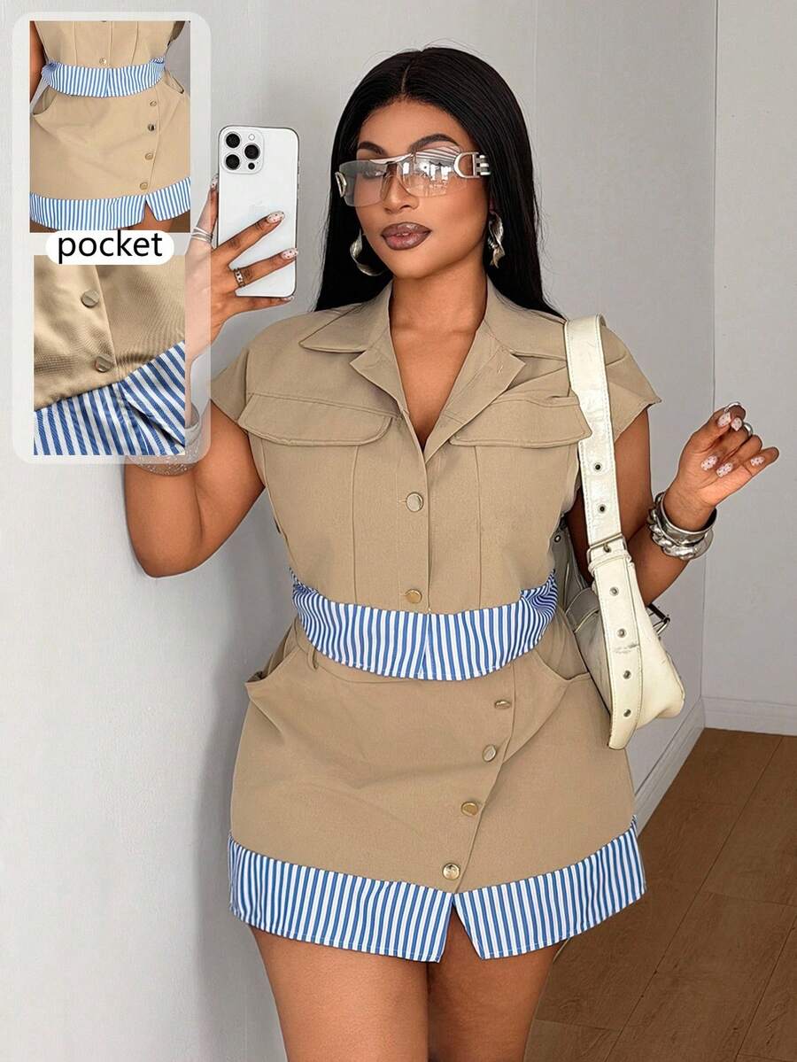 Maweii Spring & Summer Striped Patchwork Loose Top + A-Line Metal Buckle Short Skirt Set, Casual Resort Street Style Unique Design Plus Size Women Outfit - Khaki - View 1
