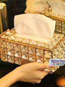 1pc Modern Metal And Crystal Tissue Box - Elegant Tissue Storage Box Metal High-End Luxury Tissue Napkin Holder, Tissue Storage Box For Bathroom Living Room Bedroom, Suitable For Home Centerpieces, Living Room Dining Table Desktop Tissue Box, Thanksgiving, Valentine's Day Home Decoration Perfect Gift - Multicolor - View 1