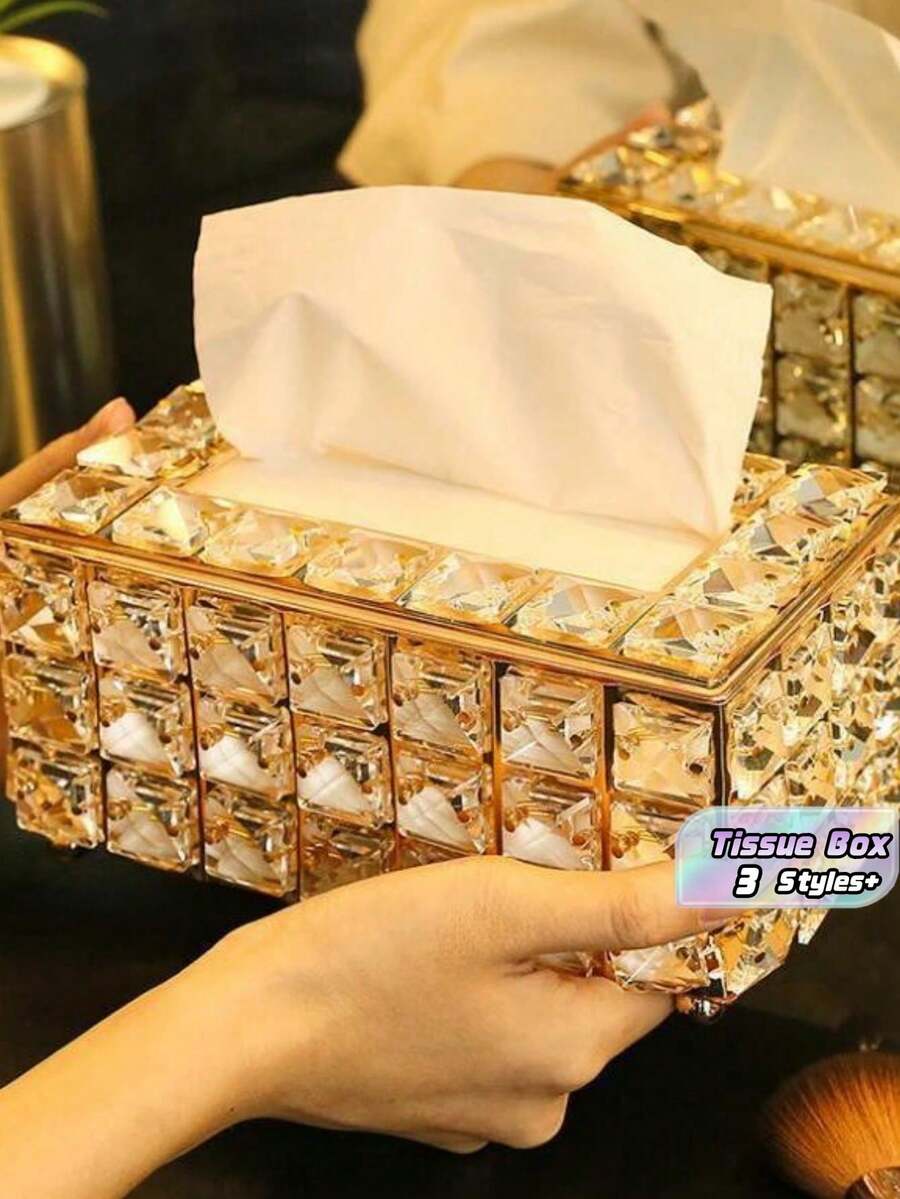 1pc Modern Metal And Crystal Tissue Box - Elegant Tissue Storage Box Metal High-End Luxury Tissue Napkin Holder, Tissue Storage Box For Bathroom Living Room Bedroom, Suitable For Home Centerpieces, Living Room Dining Table Desktop Tissue Box, Thanksgiving, Valentine's Day Home Decoration Perfect Gift - Multicolor - View 1