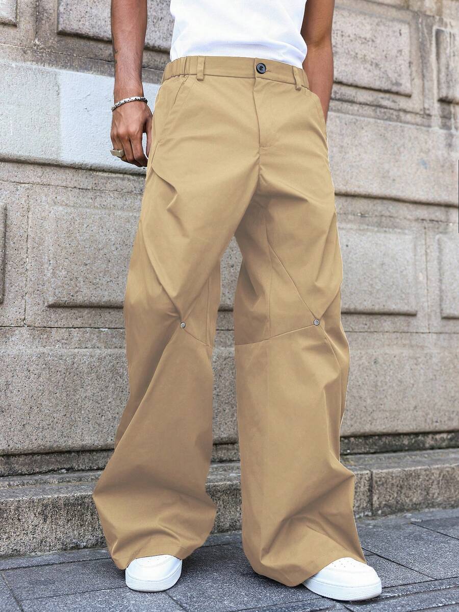 PAVTROS Men's Loose Fit Patchwork Rivet Accent Slant Pocket Casual Wide Leg Pants - Khaki - View 1