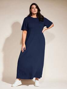 SHEIN BASICS 大码女式纯色圆领短袖休闲连衣裙 - 藏蓝色 - 查看 7