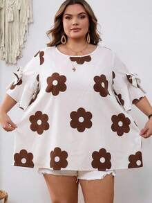SHEIN CURVE+ Curve 尺码 US22 音乐节、海滨度假、波西米亚风女士蝴蝶结装饰圆领紫红色衬衫，夏季 - 彩色 - 查看 8