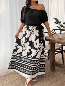Weeklong Vestido asimétrico de hombro con estampado floral y patchwork para vacaciones de talla grande - Multicolor - Ver 3