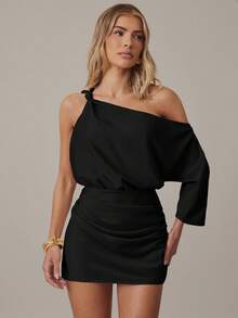 Hauture Women's Asymetric Knotted Strap One Shoulder Satin Mini Dress Casual Office Wear - Black - View 6
