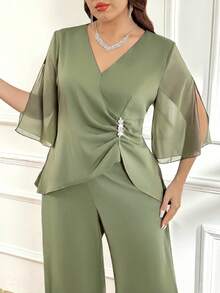 Reflora Plus Size Women's Elegant Party Banquet V-Neck Ruched Waist Rhinestone Top And Wide Leg Pants 2-Piece Set, Suitable For Spring, Summer And Autumn Fall - Mint Green - View 1