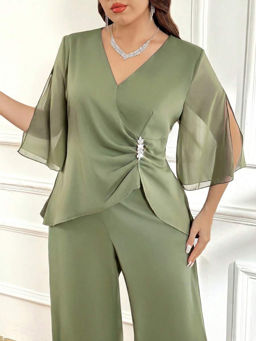 Reflora Plus Size Women's Elegant Party Banquet V-Neck Ruched Waist Rhinestone Top And Wide Leg Pants 2-Piece Set, Suitable For Spring, Summer And Autumn Fall - Mint Green - View 1