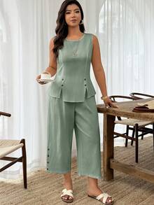 SHEIN LUNE 大码女式纽扣装饰开衩七分裤及休闲度假两件套，春夏款 - 綠色 - 查看 3