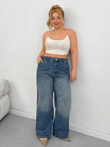 Plus High Waist Wide Leg Jeans - Medium Wash - View 6