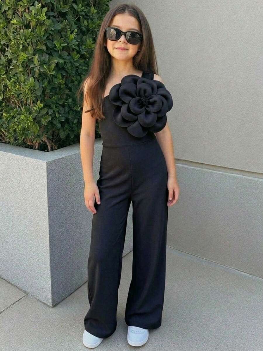 SHEIN Tween 女童休闲优雅不对称肩部修身简约连衣裙,带有超大 3D 花卉装饰,适合派对、婚礼和其他场合 - 黑色 - 查看 1