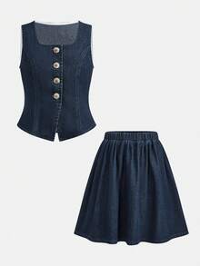 Bộ 2 món gồm áo không tay và chân váy xòe bằng vải denim màu xanh đậm cho bé gái. - Rửa tối - Xem 2