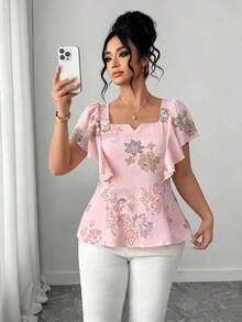 SHEIN Clasi 大码女装春夏刺绣3D印花柔软面料优雅荷叶袖修身衬衫，通勤办公休闲衬衫，百褶迷你裙，优雅女式上衣，适合新年、毕业典礼、情人节、音乐节、母亲节、万圣节、感恩节、复活节、国庆节、舞会、约会派对、婚礼季、户外活动等场合。 - 粉色 - 查看 4