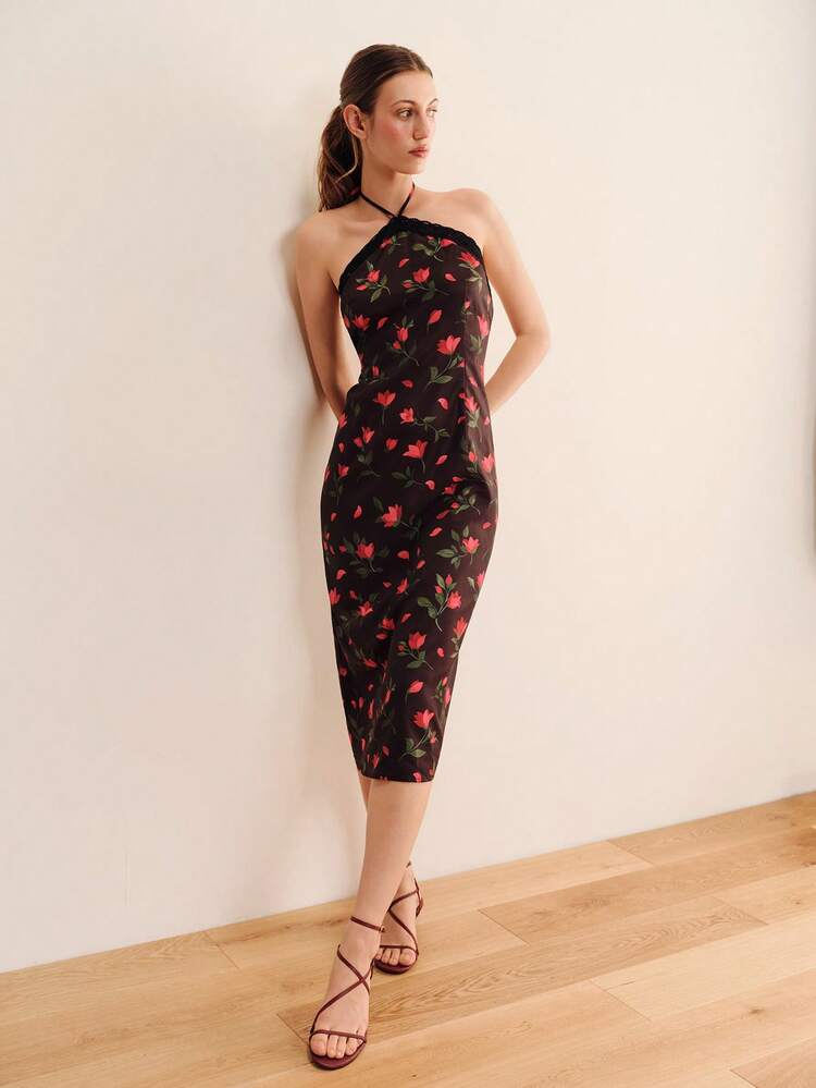 Black Floral Midi Dress With Lace Trimmed Halter Neck Spring Summer Elegant Feminine Black Dress Halter Neck Dress Holiday Dress French Style Dress Evening Dress