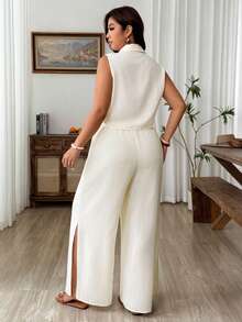 SHEIN LUNE Plus Size Women's Sleeveless Wood Button Tie Knot Cropped Top And Wide Leg Pants Two Pieces Set Solid Color Casual Elegant Outfits Vacation - Apricot - View 2