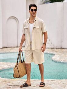 New Summer Men's Solid Color Multi-Pocket Button Shirt + Drawstring Shorts Set, Vacation Casual Sports Daily Basic Outfit, 2 Pieces Set, Cozy Outfits - Beige - View 3
