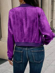 EMERY ROSE Autumn Metallic Dark Purple Zipper Ribbed Cuffs Baseball Jacket,Slim Fit Elegant Casual Short Cardigan Top  New Year Holiday Party Everyday Clothes - Purple - View 2