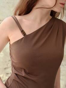 MOTF PREMIUM COTTON STRAP DECORATED TANK TOP, SPRING/SUMMER - Coffee Brown - View 2