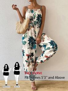 SHEIN PETITE CURVE 大码女式植物印花休闲度假连体裤 - 彩色 - 查看 1