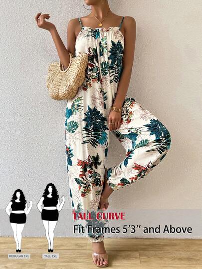 SHEIN PETITE CURVE Bộ áo liền quần nữ cỡ lớn in họa tiết cây cỏ, kiểu dáng thường ngày, thích hợp cho kỳ nghỉ.